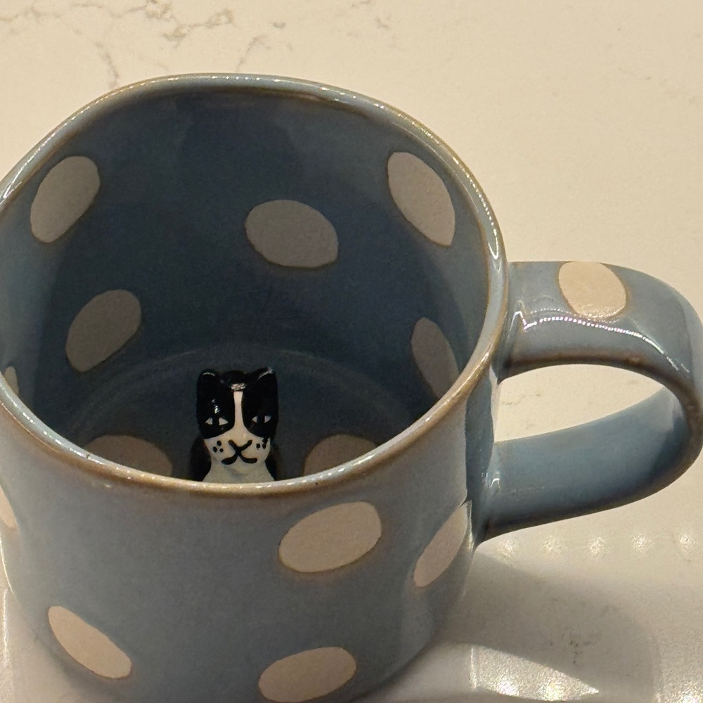 Anthropologie Blue Ceramic polka dot cat hidden inside Mug